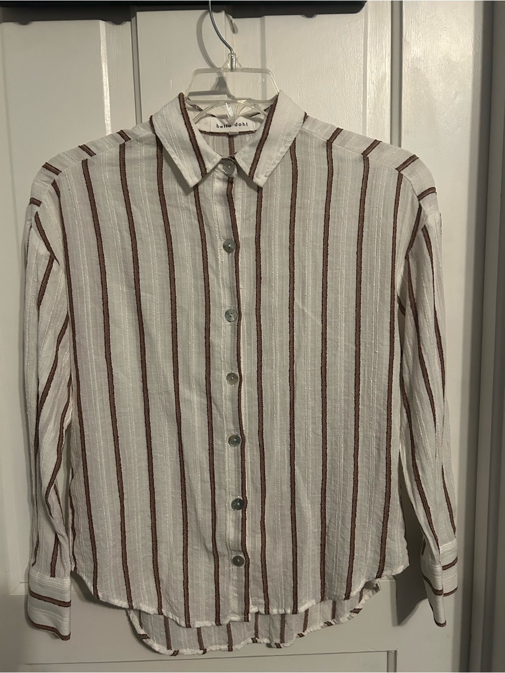 Bella Dahl Cream Button-Up Shirt with Brown Stripes
